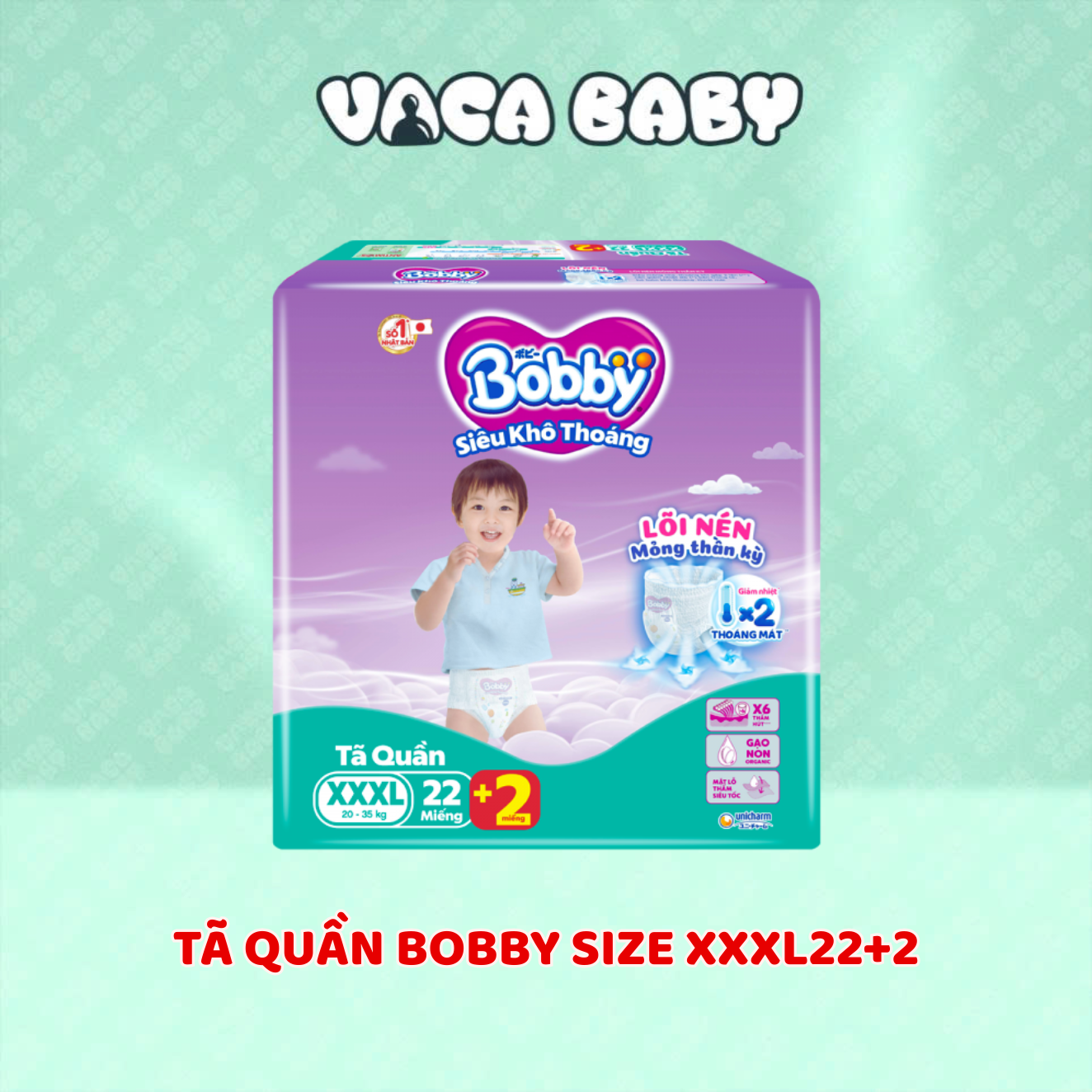 Tã bỉm Quần Bobby Ultra Siêu khô thoáng Size XXXL 22+2 miếng 3mm Jumbo Gạo non Giảm nhiệt (cho bé từ 20-35kg)