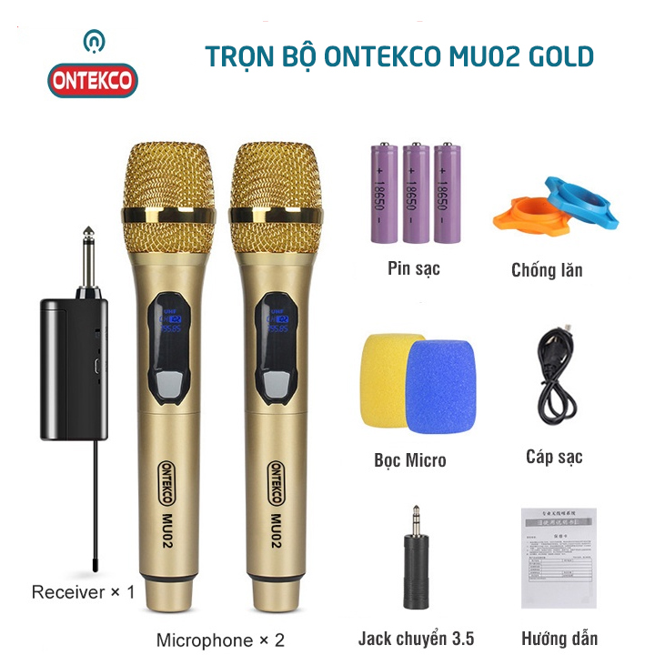 [BH 12 THÁNG] Bộ 02 Micro Không dây Chính hãng ONTEKCO MU02 pin sạc Micro và đầu thu cao cấp Chuyên dụng hát Karaoke Loa kéo Amply