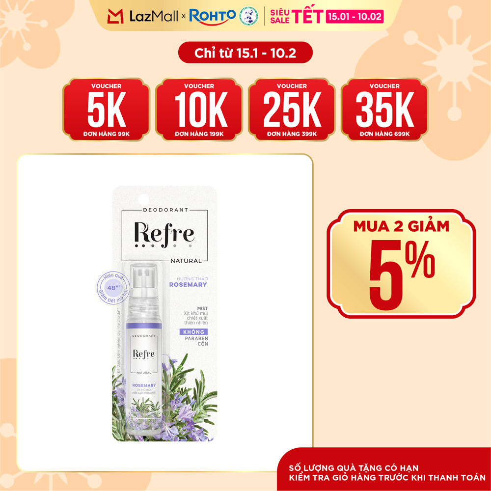 Xịt khử mùi chiết xuất thiên nhiên Refre Natural Rosemary Hương Hương Thảo 30ml