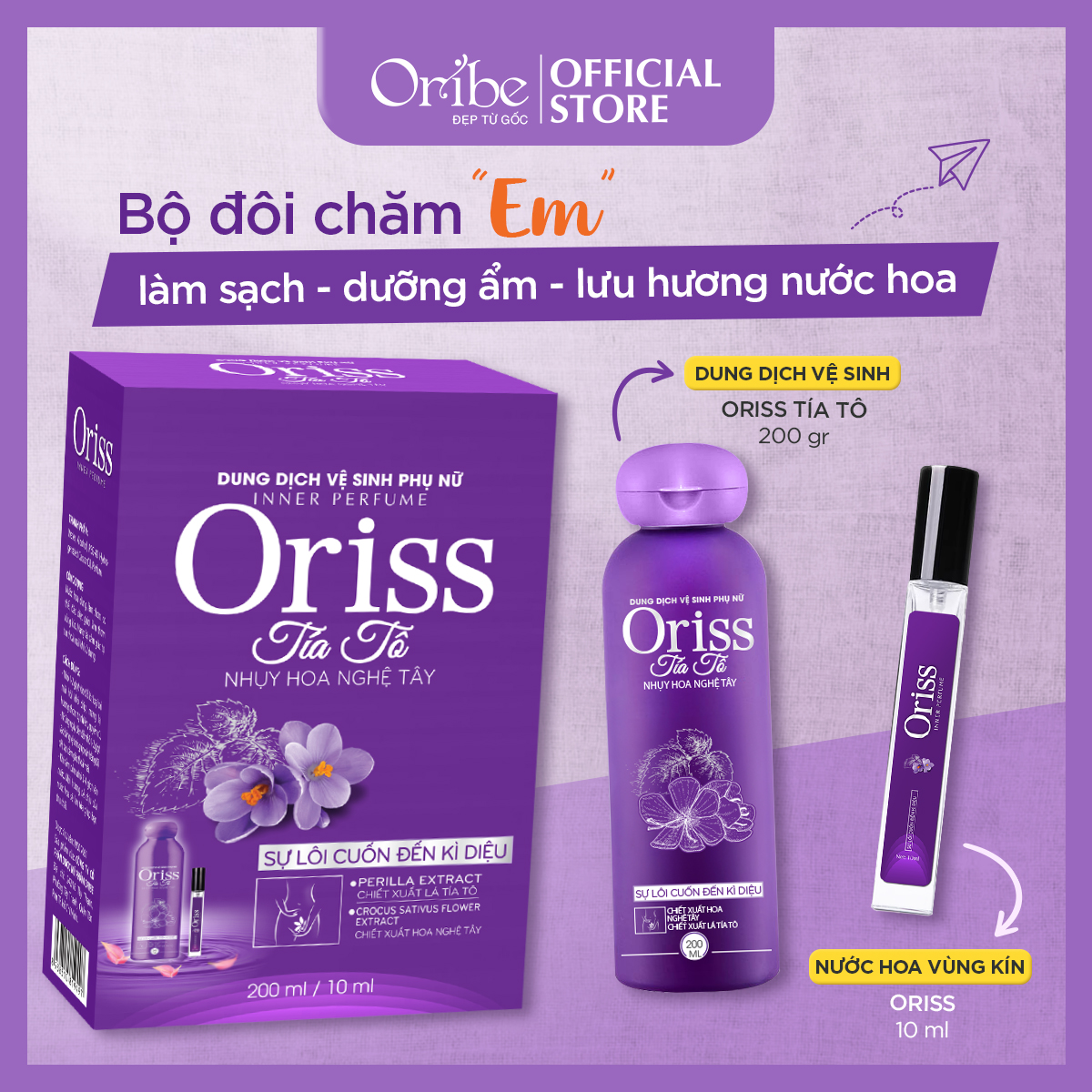 Combo dung dịch vệ sinh phụ nữ Oriss tía tô 200ml và nước hoa vùng kín nữ Oriss 10ml