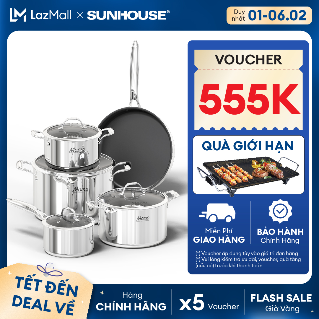 [TẶNG KÈM BẾP NƯỚNG] Bộ nồi chảo chống dính cao cấp Inox 304 SUNHOUSE MAMA SHG700 - Inox 304 Siêu