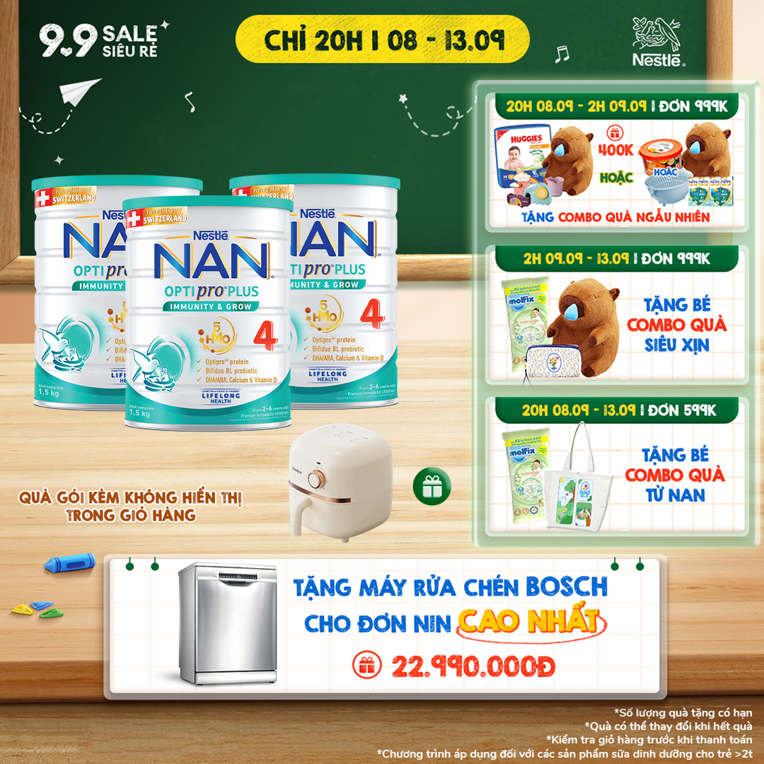 (CHỈ 20H 8.9-13.9 QUÀ TẶNG ĐH 599K) Bộ 3 lon Sữa bột Nestlé NAN OPTIPRO PLUS 4 1500g/lon với 5HMO Gi