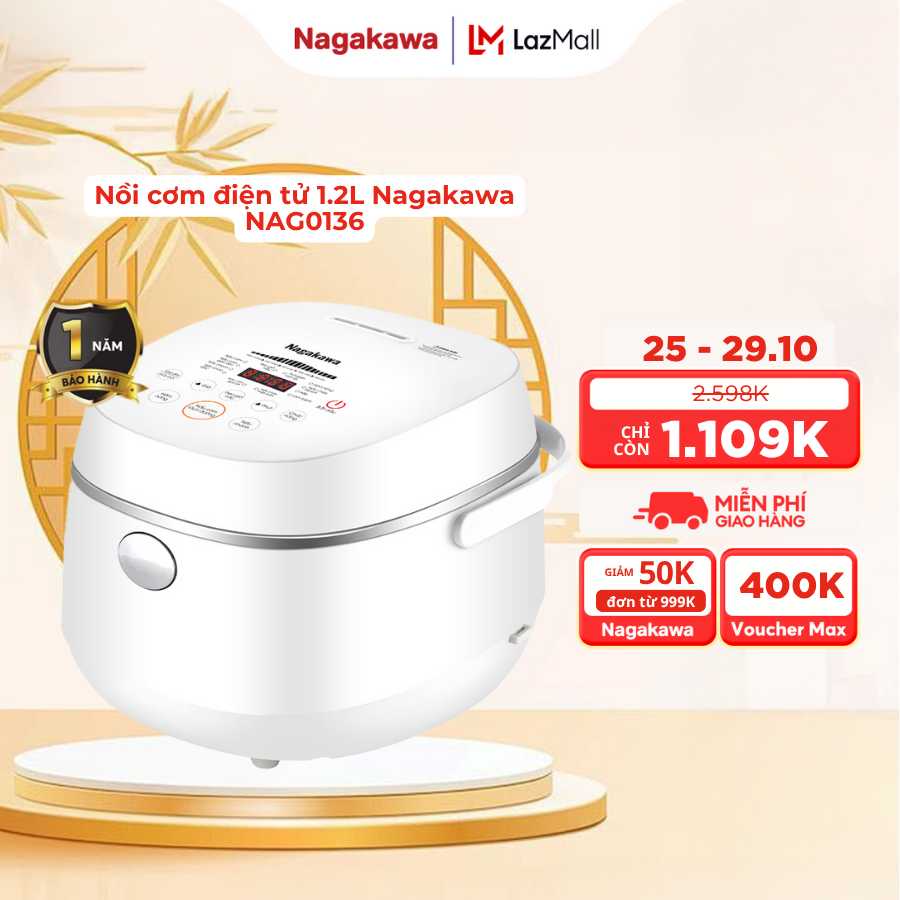 Nồi cơm điện Nagakawa NAG0136 dung tích 1.2L công suất 500W điều khiển cảm ứng lòng niêu dày dặn tíc