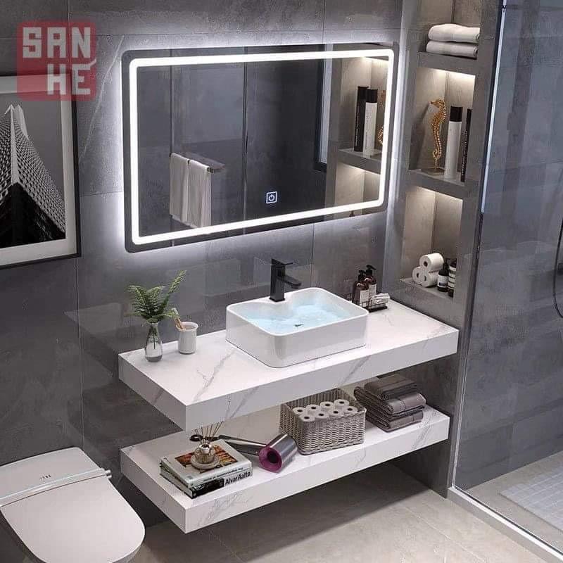 TRỌN BỘ BÀN ĐÁ LAVABO 2 TẦNG + GƯƠNG ĐÈN LED