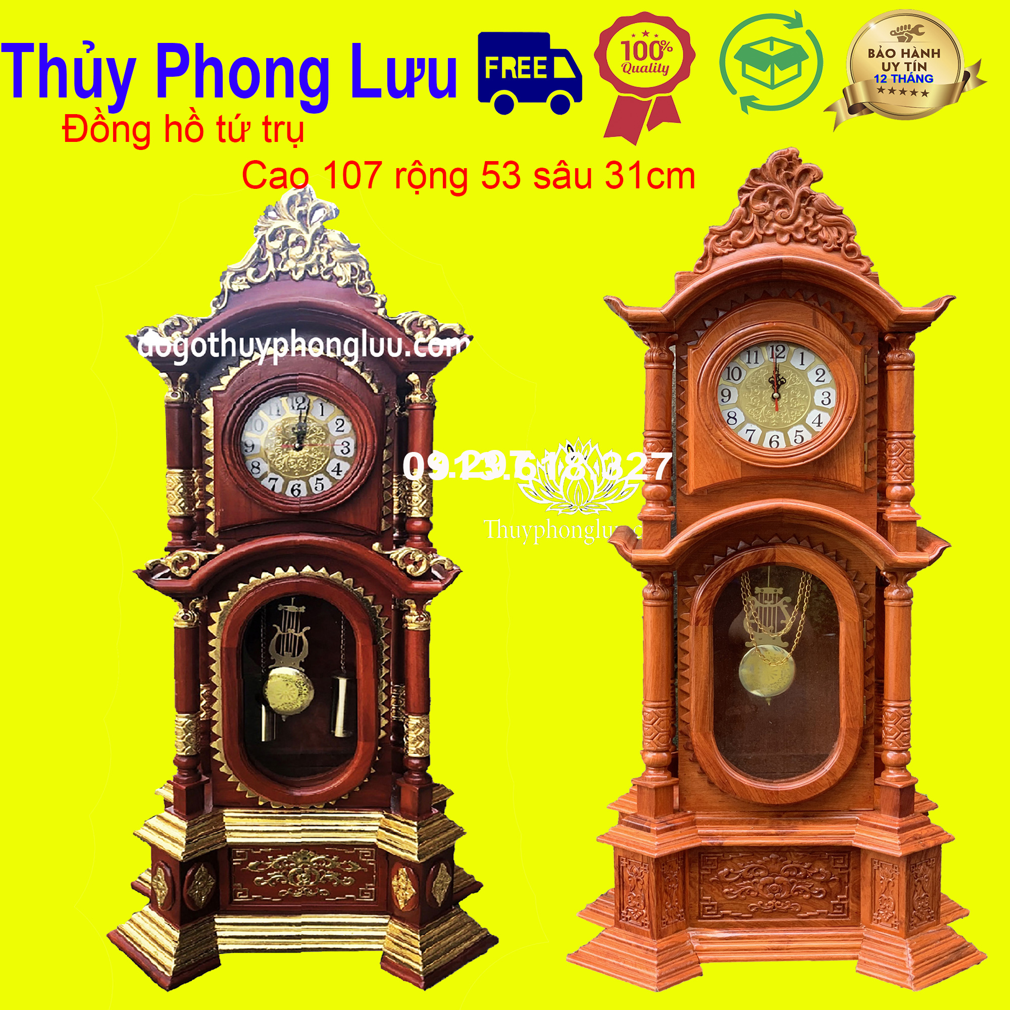 Đồng hồ cây tứ trụ mini trang trí quả lắc gỗ hương cao 107cm