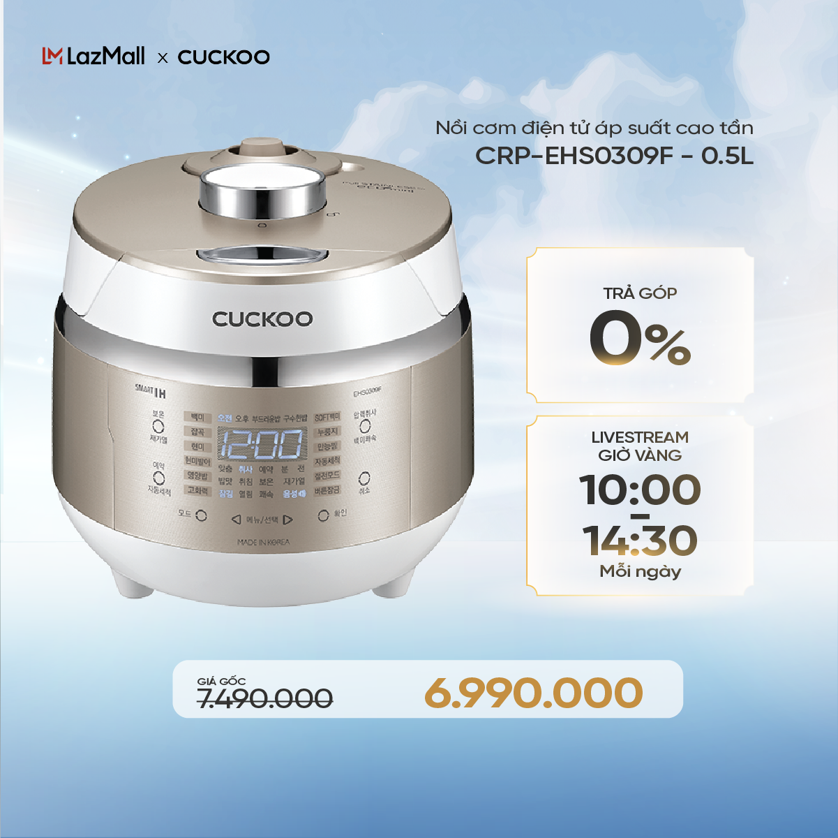 Nồi Cơm Điện Tử Áp Suất Cao Tần Mini 0.5L CRP-EHS0309F/WHGOVNCV- Bản Quốc Tế - Hàng chính hãng Cucko