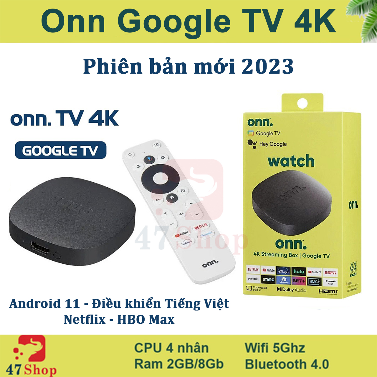 Google Tivi Box Onn Google Box TV Android 11 Remote tìm kiếm Tiếng Việt phát 4K UHD HDR Google Cast Chrome Cast Netflix
