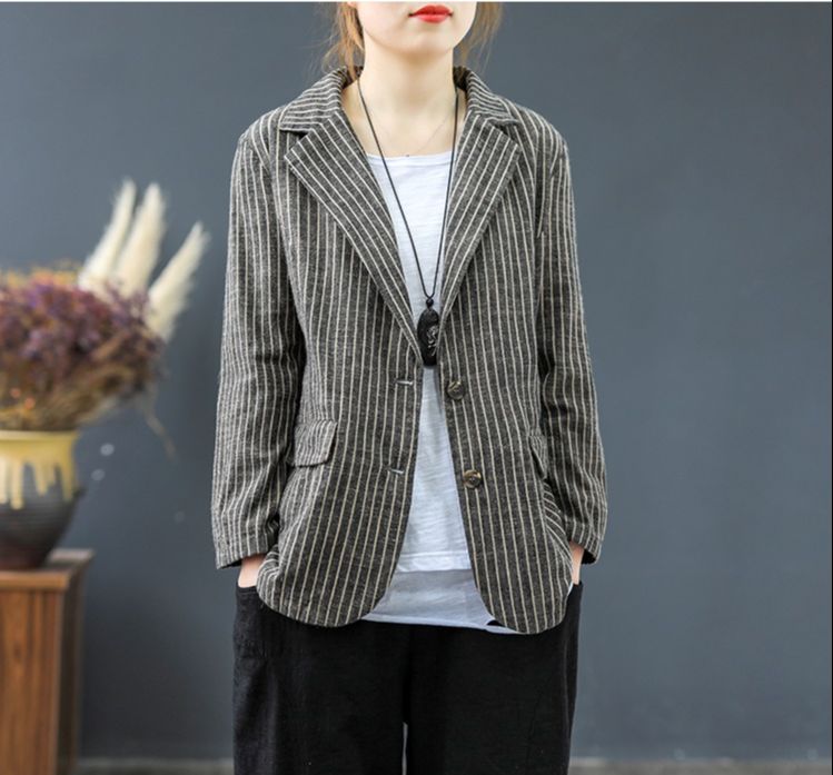 Áo Blazer nữ dáng suông 1 lớp chất vải linen mềm mịn thời trang phong cách Nhật Bản - Xám sọc trắng
