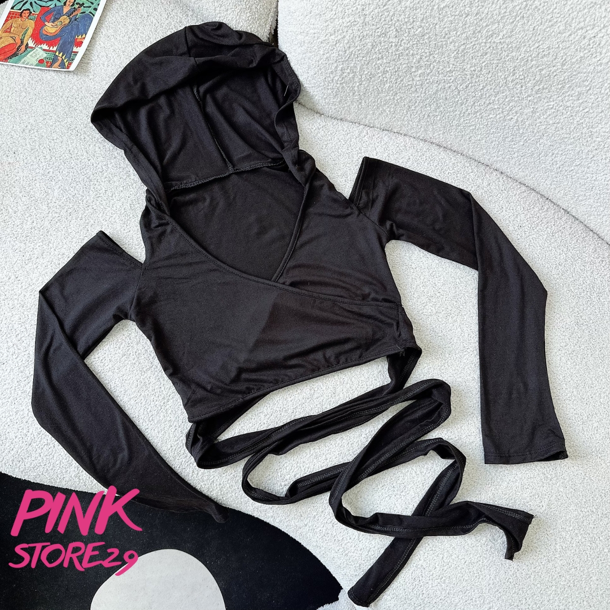Áo croptop tay dài kiểu vạt chéo PINKSTORE29 dây buộc eo phối nón trùm cá tính A5935
