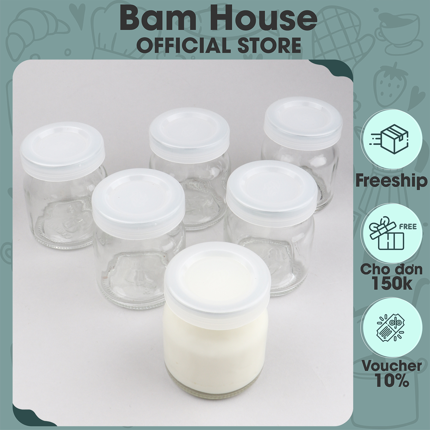 Hủ thuỷ tinh đựng sữa chua 100ml Bam House chịu nhiệt tốt có nắp đậy cao cấp HSC01 - Hủ sữa chua hủ thuỷ tinh sữa chua hủ pudding hu sua chua hu thuy tinh dung sua chua