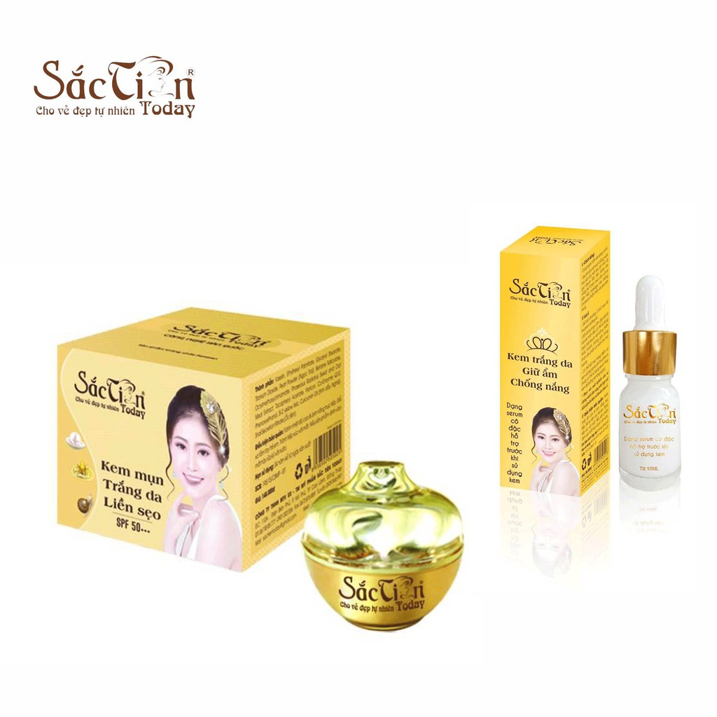 Combo Kem mụn trắng da liền sẹo 15g (hộp mới in 8g) và Kem trắng da giữ ẩm chống nắng Sắc Tiên Today 10ml (dạng serum)