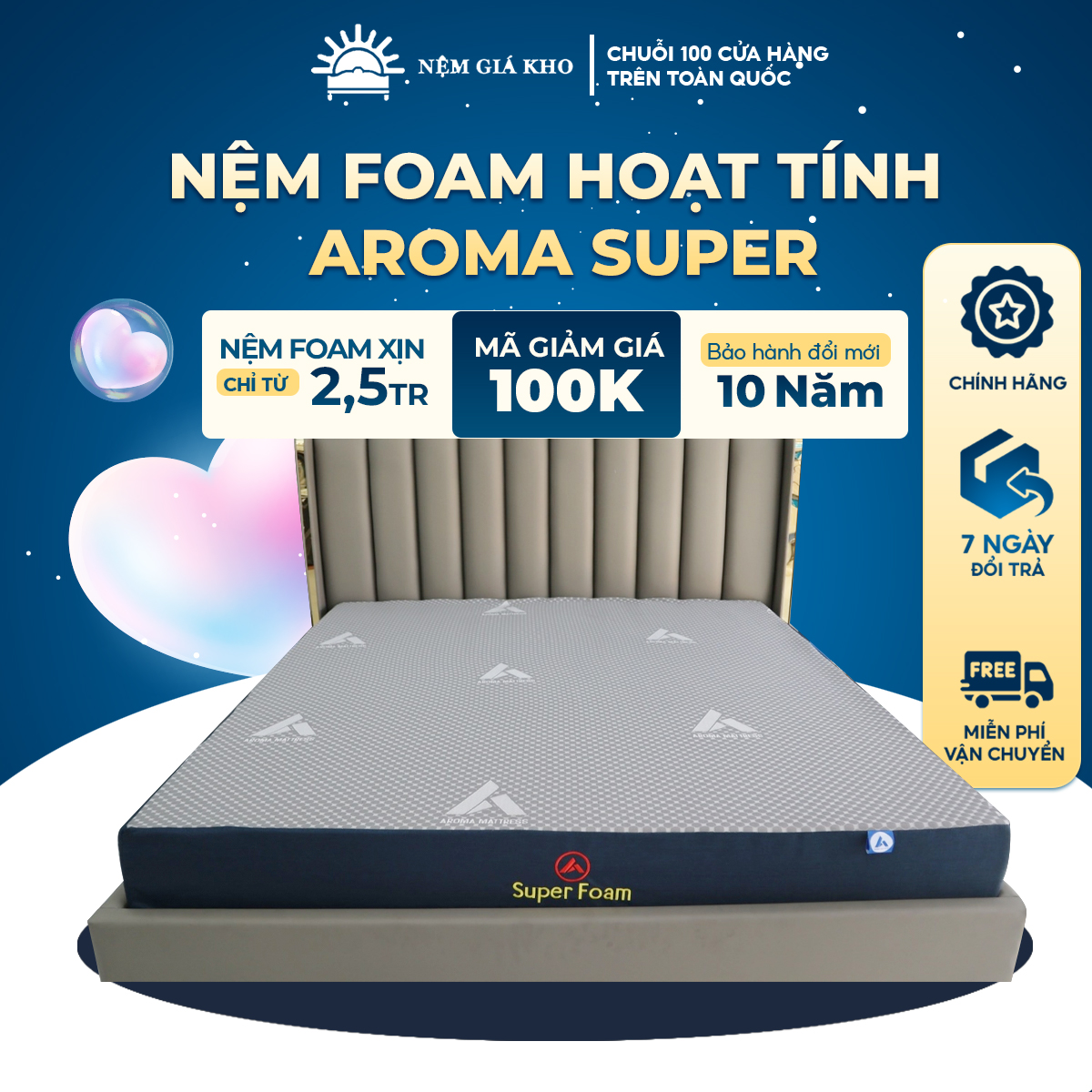 Nệm Foam Hoạt Tính Aroma Cao Cấp - Êm Đàn Hồi Thoáng Khí - Bảo Hành 10 Năm