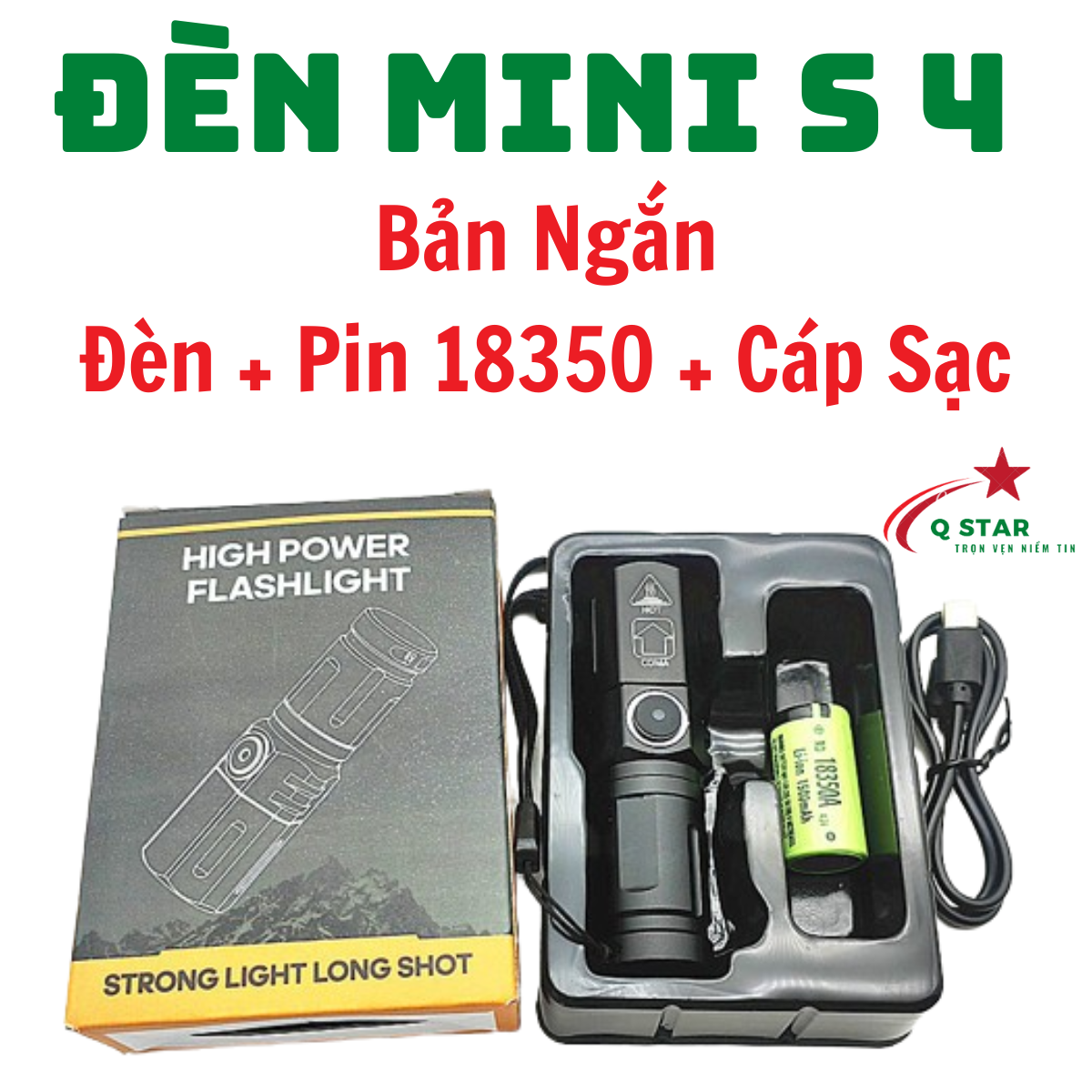 Đèn Pin Cầm Tay Siêu Sáng Mini S4 Chiếu Gần Zoom Xa Full Kim Loại Led Laser Trắng Tích Hợp Sạc Type-