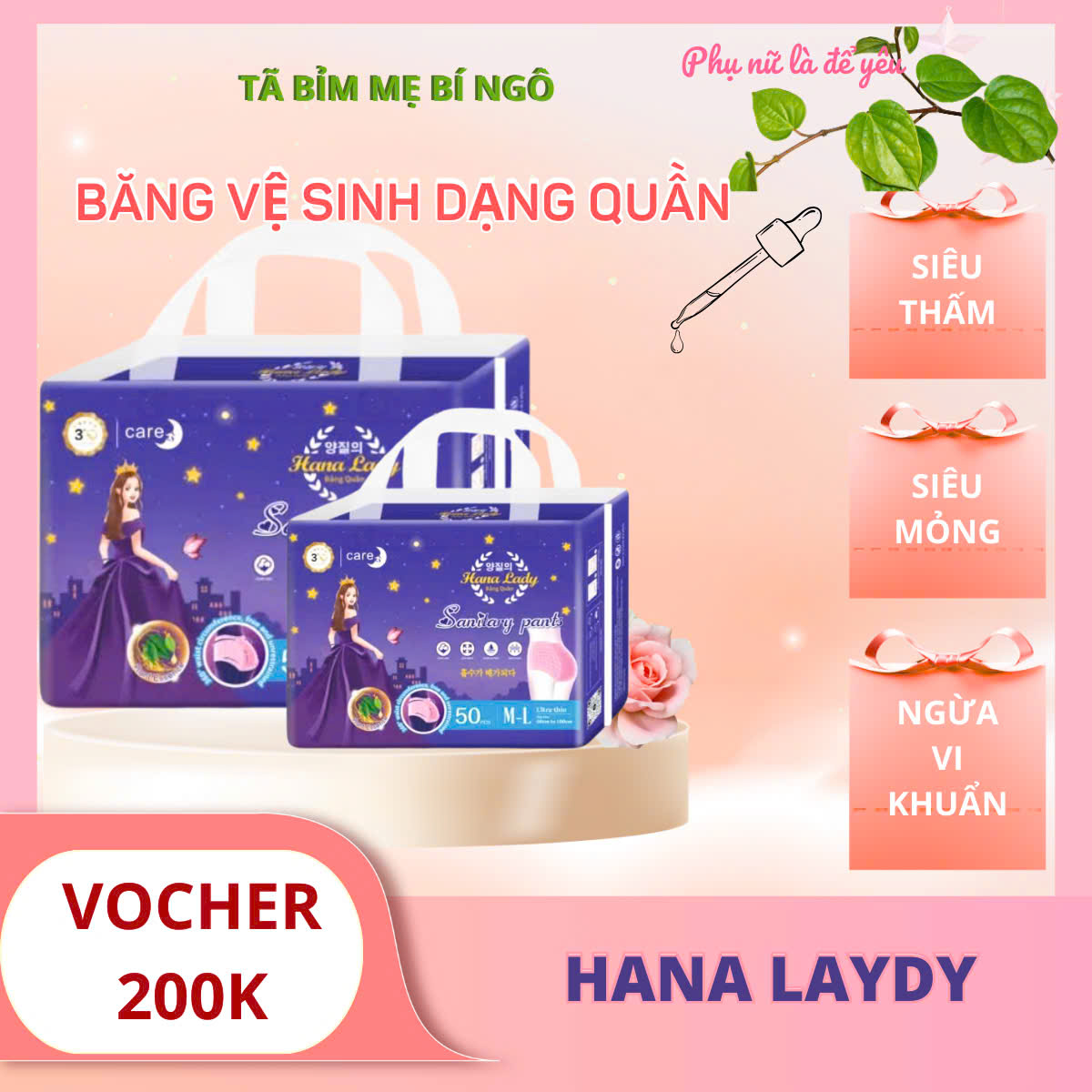 Băng vệ sinh dạng quần Hana lady size 30-95kg túi 10- 50 miếng mềm mỏng siêu thấm giá rẻ shop Tã b