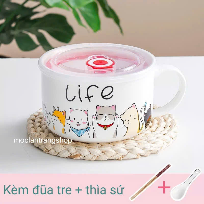 Bát ăn mỳ có tay cầm cỡ lớn 1000ml. Tô sứ úp mỳ có nắp đậy tô úp mỳ kèm đũa Nhật ca mỳ ly ăn mì tô ă