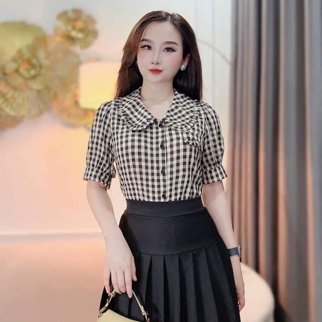 Áo Sơ mi nữ công sở thời trang Suri Shoplụa caro tay ngắn có túi giã rất thời trang-CAROTUIGIA