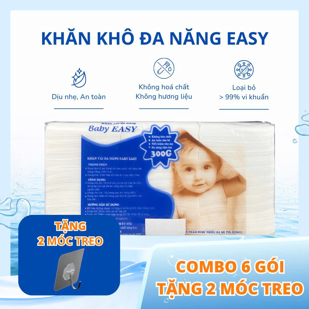6 gói Khăn khô đa năng 300 tờ + Tặng 2 móc treo vải trơn mềm mại sạch sẽ -An toàn tuyệt đối cho trẻ sơ sinh.