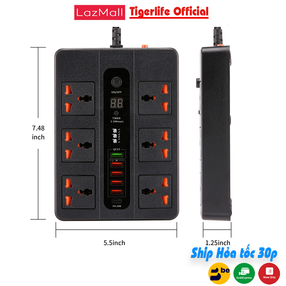 Ổ cắm điện đa năng Tigerlife PKL11 6 Có hẹn giờ Ổ cắm 5 Cổng usb sạc nhanh 1 Cổng sạc PD 20w Chịu tả