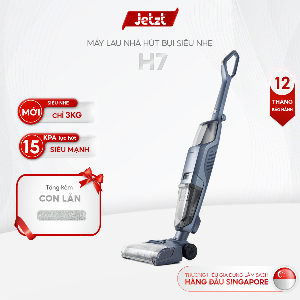 Máy lau sàn hút bụi JETZT H7, trọng lượng siêu nhẹ 3kg, lực hút 15000Pa