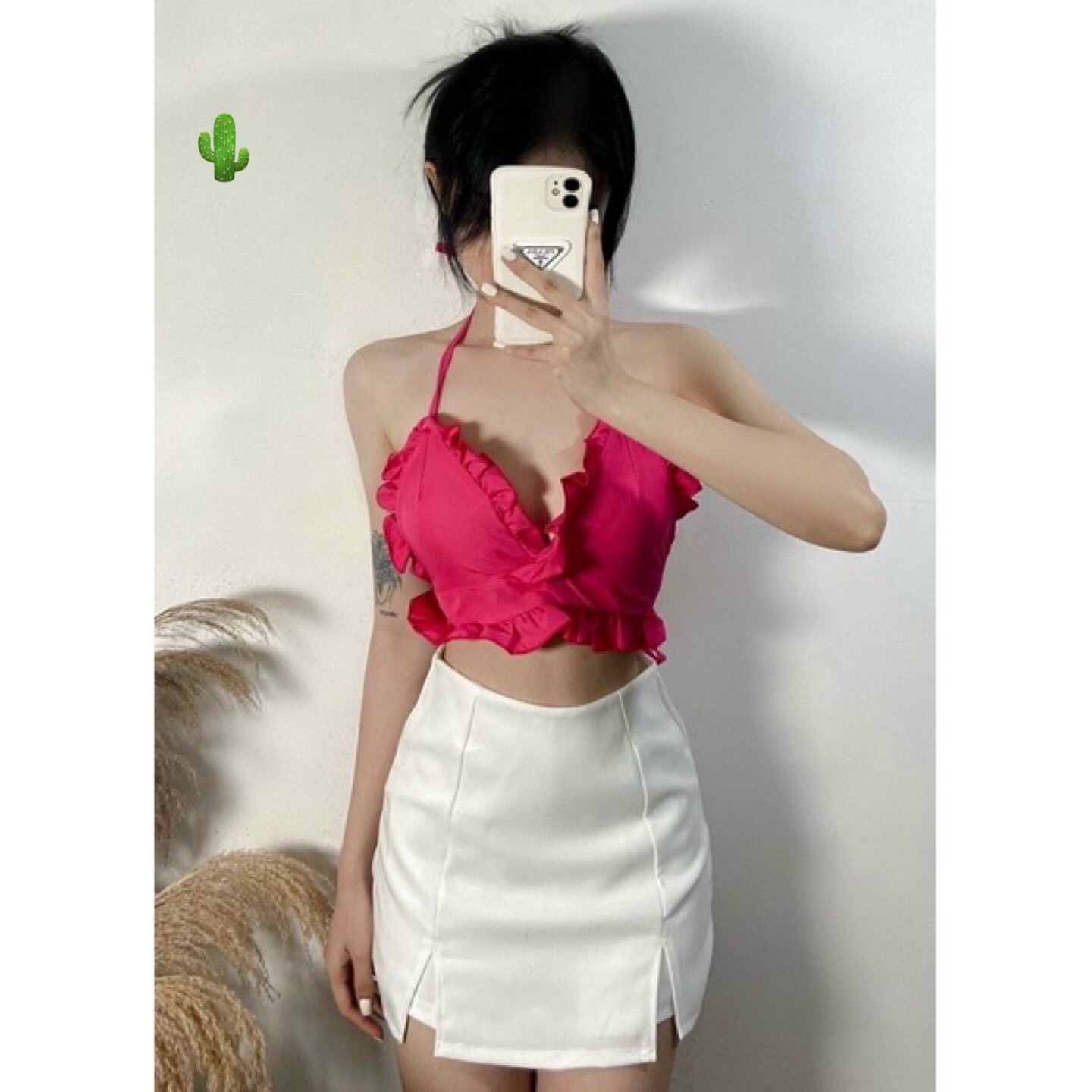 🍒🍒🍒áo croptop cổ yếm viền bèo mút ngực sỉ áo hở lưng pc
