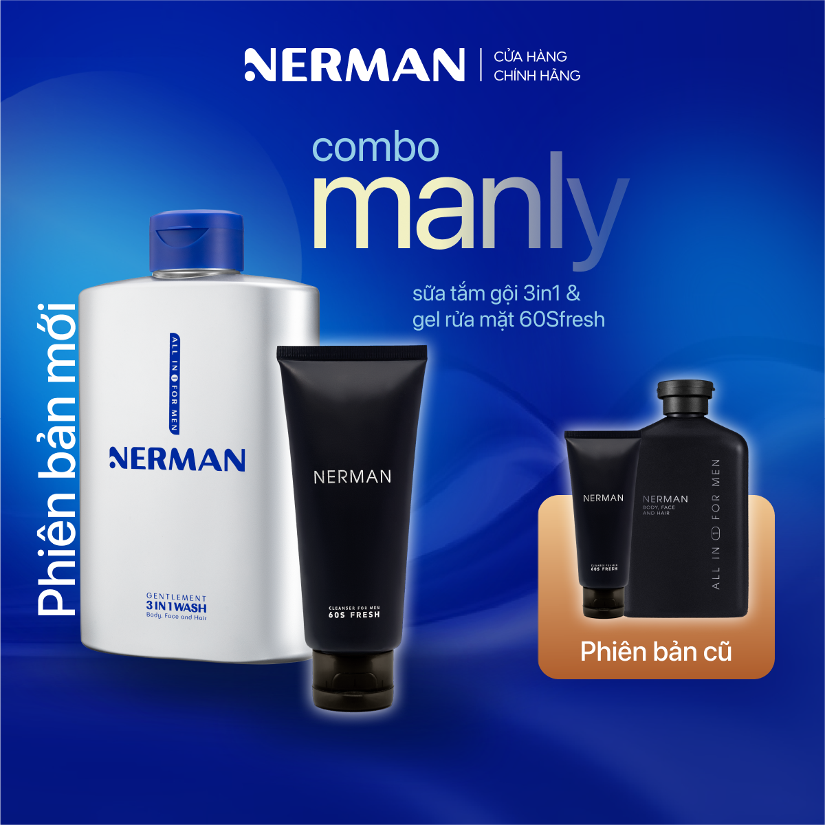Combo Manly Nerman - Sữa Tắm Gội Gentleman 3-In-1 Hương Nước Hoa Cao Cấp 350ml & Gel Rửa Mặt Ngừa Mụ