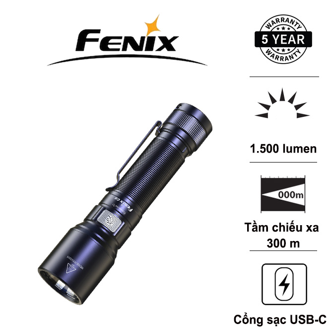 Đèn pin FENIX C6 v3.0 sáng 1500 lumen chiếu xa 300m sạc USB-C pin 18650 2600 mAh đuôi nam châm