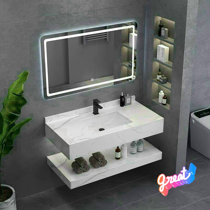 TRỌN BỘ BÀN ĐÁ LAVABO 2 TẦNG + GƯƠNG ĐÈN LED