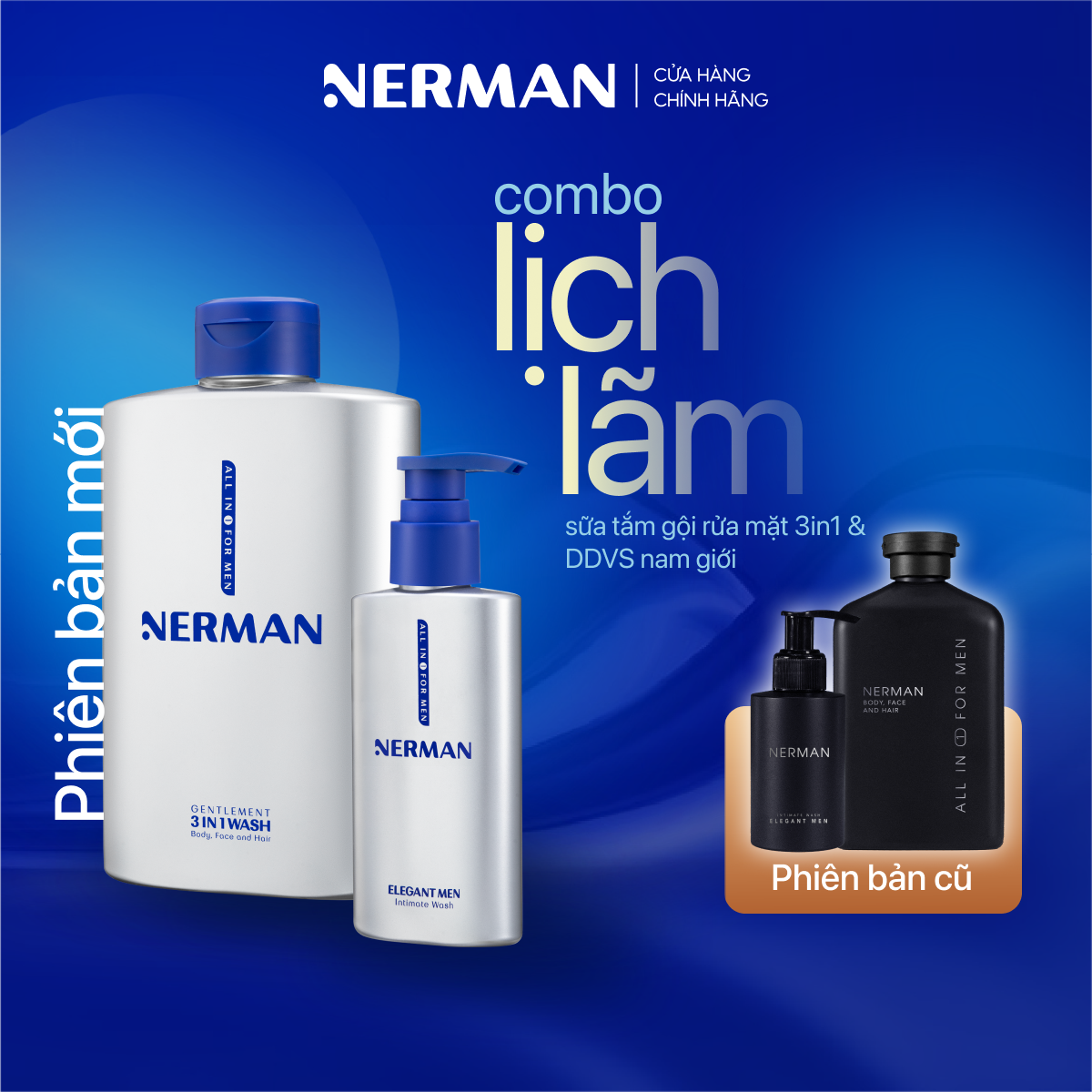 Combo Lịch Lãm Nerman - Sữa Tắm Gội Gentleman 3-In-1 Hương Nước Hoa Cao Cấp 350ml & Gel Vệ Sinh Nam 