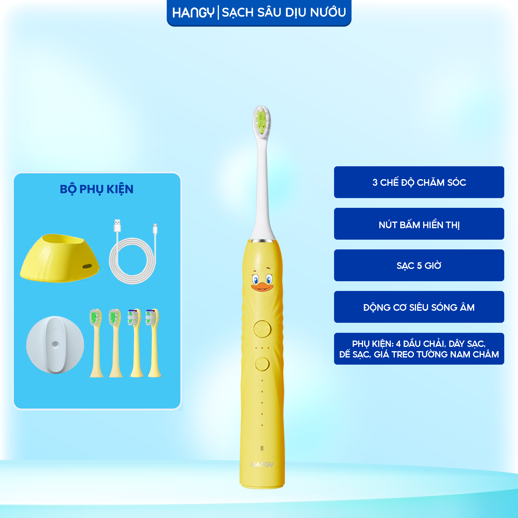 Bàn chải điện trẻ em HANGY dành cho bé từ 3 tuổi - Công nghệ siêu sóng âm an toàn làm sạch mảng bám