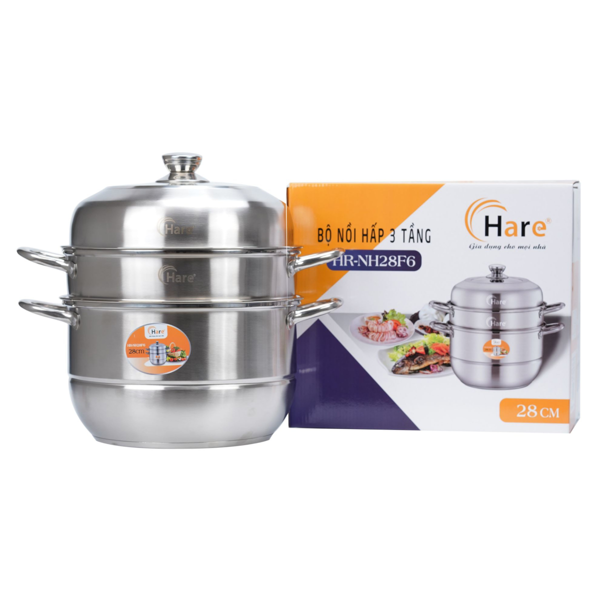 Bộ nồi hấp 3 tầng Inox cao cấp Hare size 28cm/30cm đáy từ vung kín - Hấp xôi gà bánh bao - Chính hãn