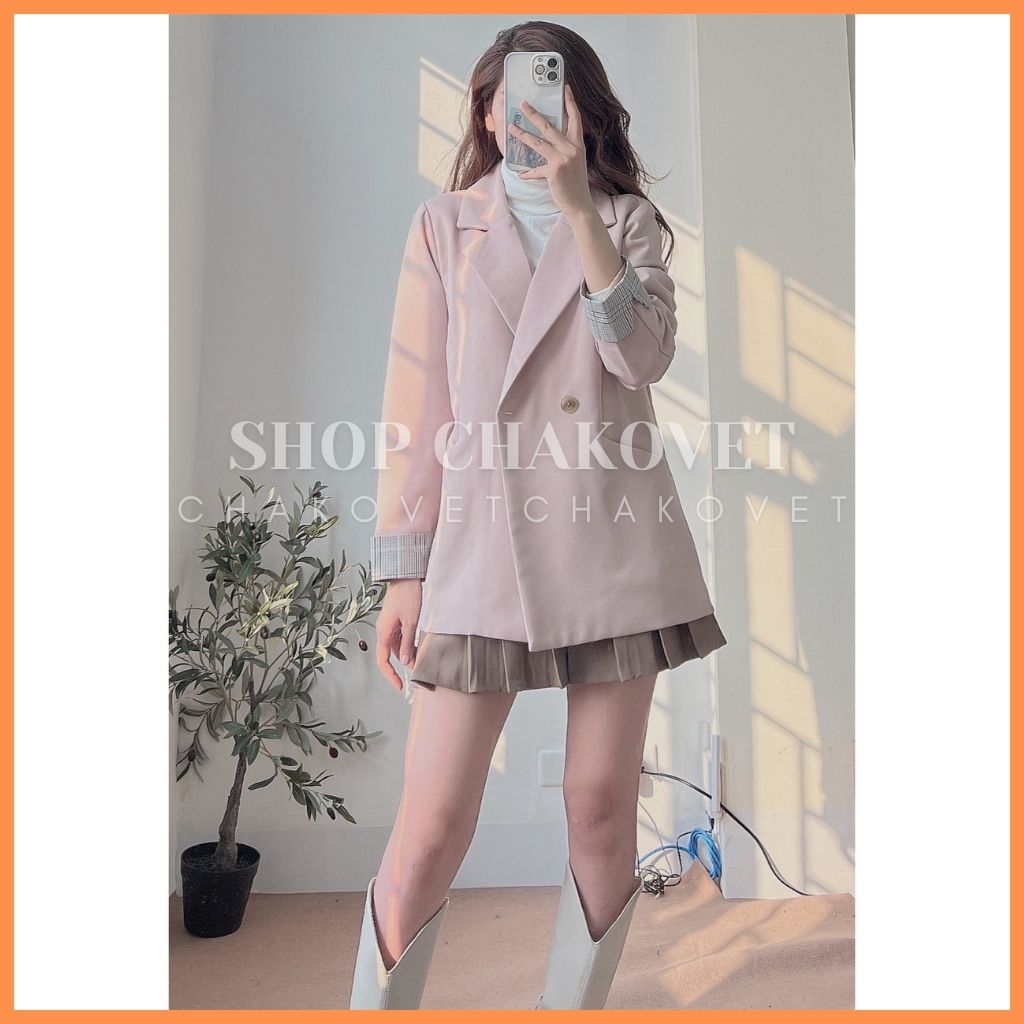 Áo blazer nữ 2 lớp khoác ngoài tay pha kẻ AB.8129 kiểu áo cổ vest 2 cúc 2 túi thật style hàn quốc mi