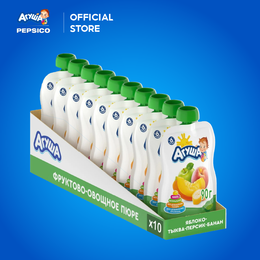 Thùng 10 Gói Trái cây nghiền vị táo đào chuối và bí ngô Agusha 90g/gói dành cho bé từ 6 tháng trở lên