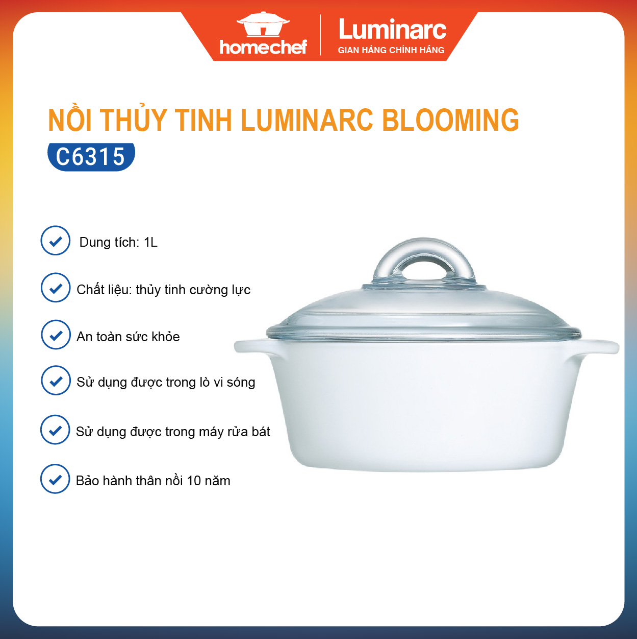 Nồi thủy tinh Luminarc Vitroline 1L thủy tinh cường lực an toàn cho sức khỏe sản xuất tại Pháp bảo h