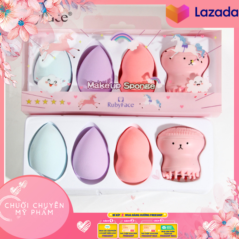 [HCM]Set 3 mút trang điểm và 1 rửa mặt bạch tuộc RUBYFACE | Set 3 mút tán nền + rửa mặt bạch tuộc Ruby Face