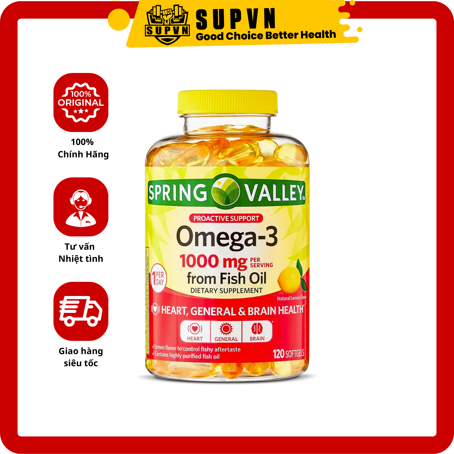 Spring Valley Omega-3 Fish Oil 1000mg - Tăng Cường Sức Khỏe Mắt Cải Thiện Hiệu Suất Tập Luyện Giảm Mệt Mỏi Đau Nhức Sau Tập