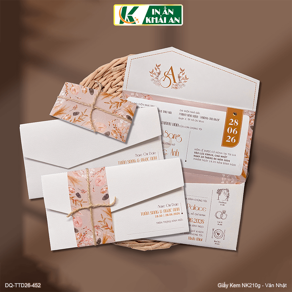 KA - 453 Thiệp cưới gập 3 dạng túi kèm dây quấn phong cách ấm áp - vintage nhẹ nhàng - thanh lịch