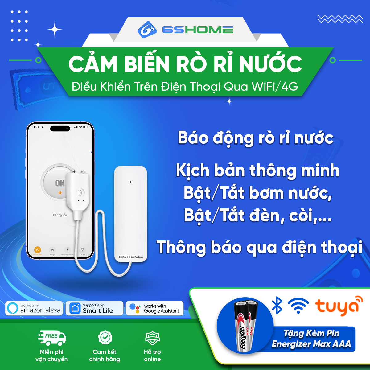 Cảm Biến Rò Rỉ Nước Wifi Thông Minh 6SHOME - Báo Động Đầy Tràn Rò Nước Điều Khiển Từ Xa trên Điện Th