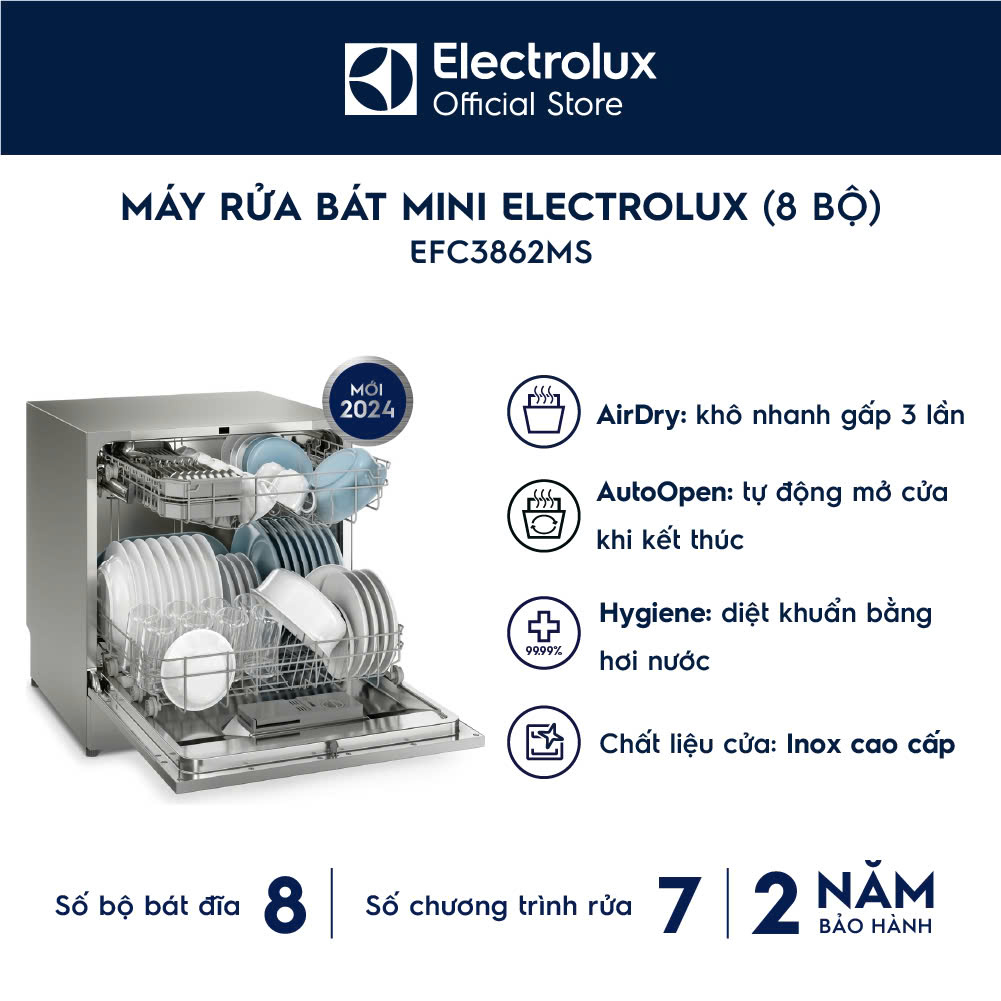 [MỚI] Máy Rửa Bát Mini Electrolux 8 bộ EFC3862MS Tự động mở cửa diệt khuẩn bằng hơi nước Giao Lắp 0Đ