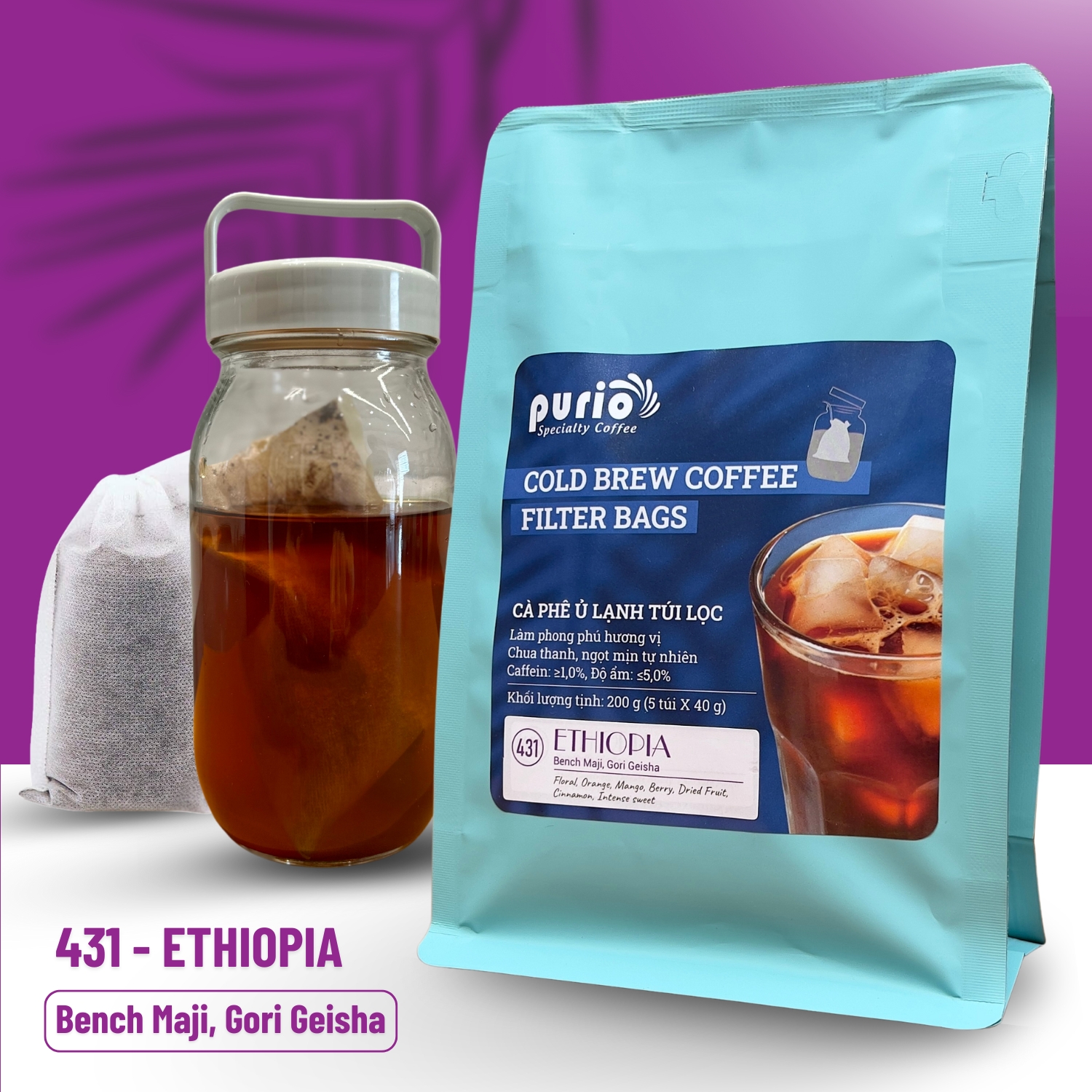 (431) Cà phê Cold Brew Túi Lọc Ethiopia Gori Geisha 100% Arabica nguyên chất (5 túi x 40g) tiện lợi