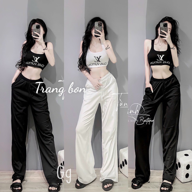 Set thời trang nữ áo thun dáng croptop tay ngắn IN CHỮ SIÊU HOT  mix quần dài ống rộng có dây rút Se