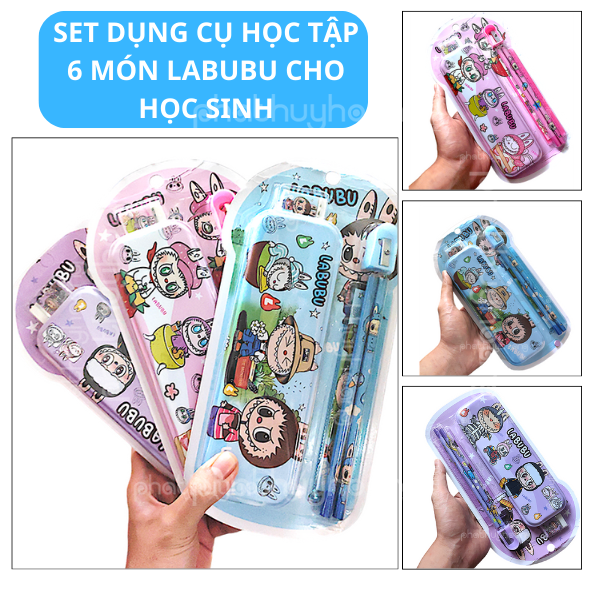 Set quà tặng dụng cụ học tập Labubu cho bé  bộ dụng cụ học tập giá rẻ  bộ thước  bút chì  chuốt  gôm