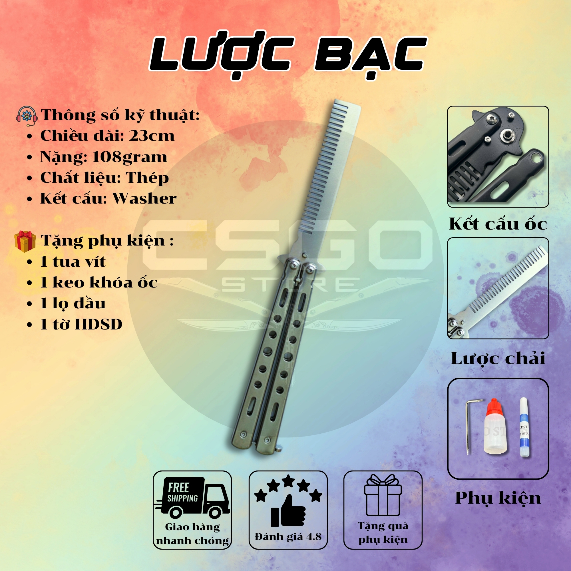 Lược bướm tập balisong butterfly CSGO thép chống gỉ đen bạc tại Csgo Store