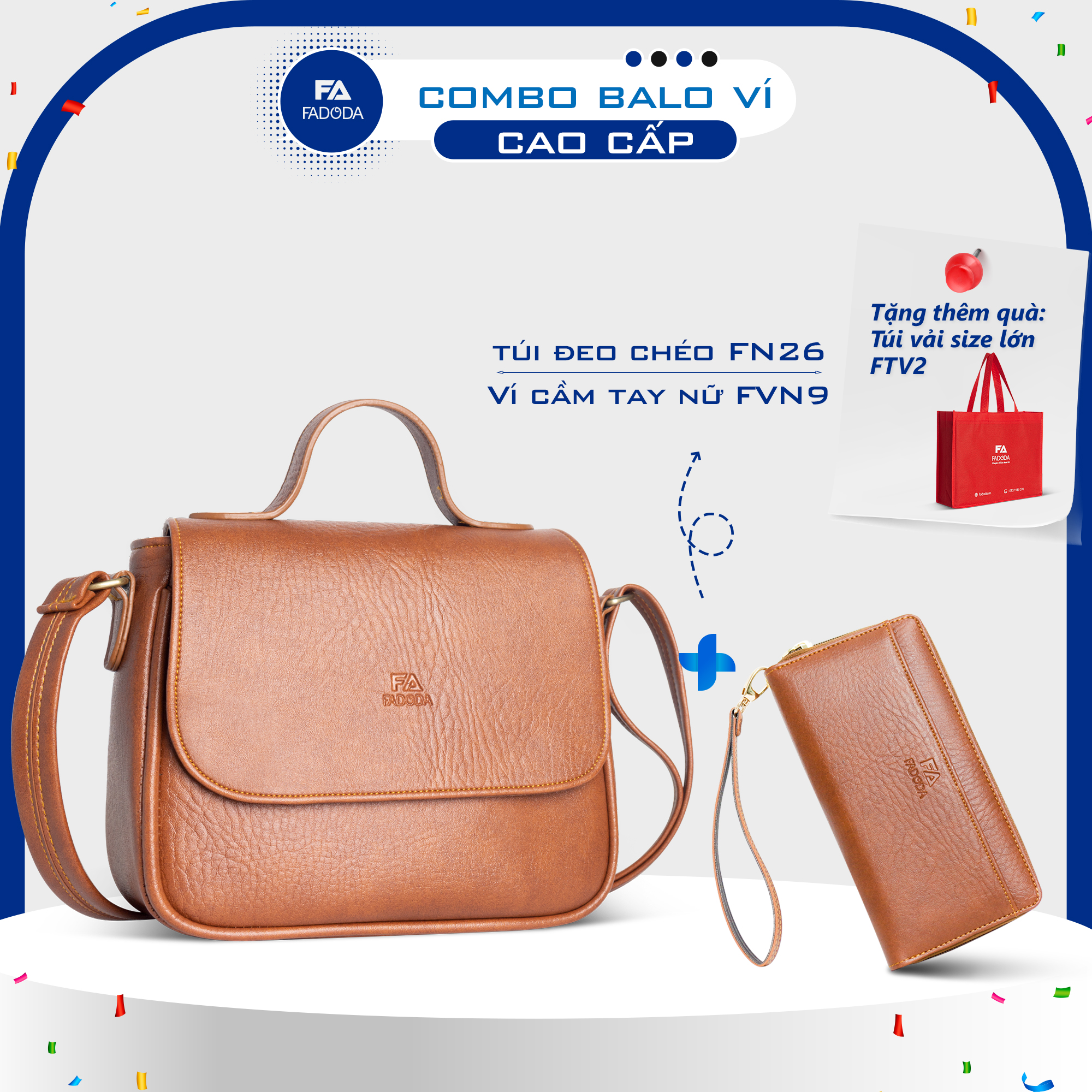 Combo túi đeo chéo thời trang và ví nữ cầm tay FADODA FN26 và FVN09