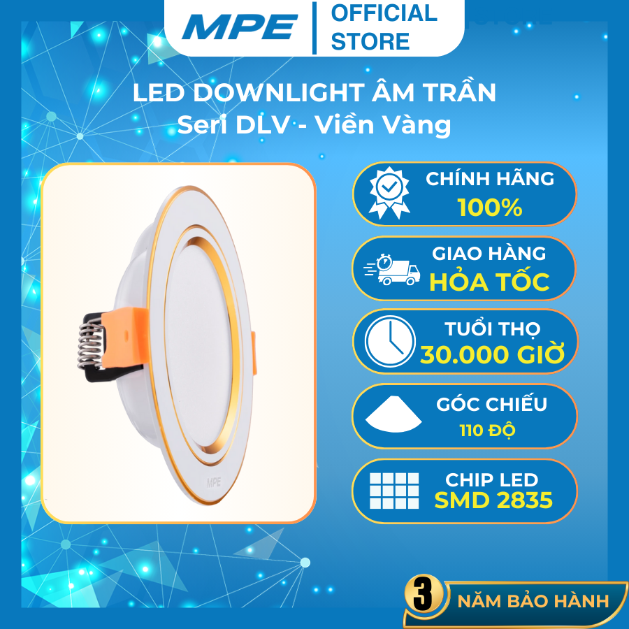 Đèn led DOWNLIGHT MPE âm trần seri DLV viền vàng 5W/7W/9W/12W đèn led âm trần đèn downlight đèn âm t