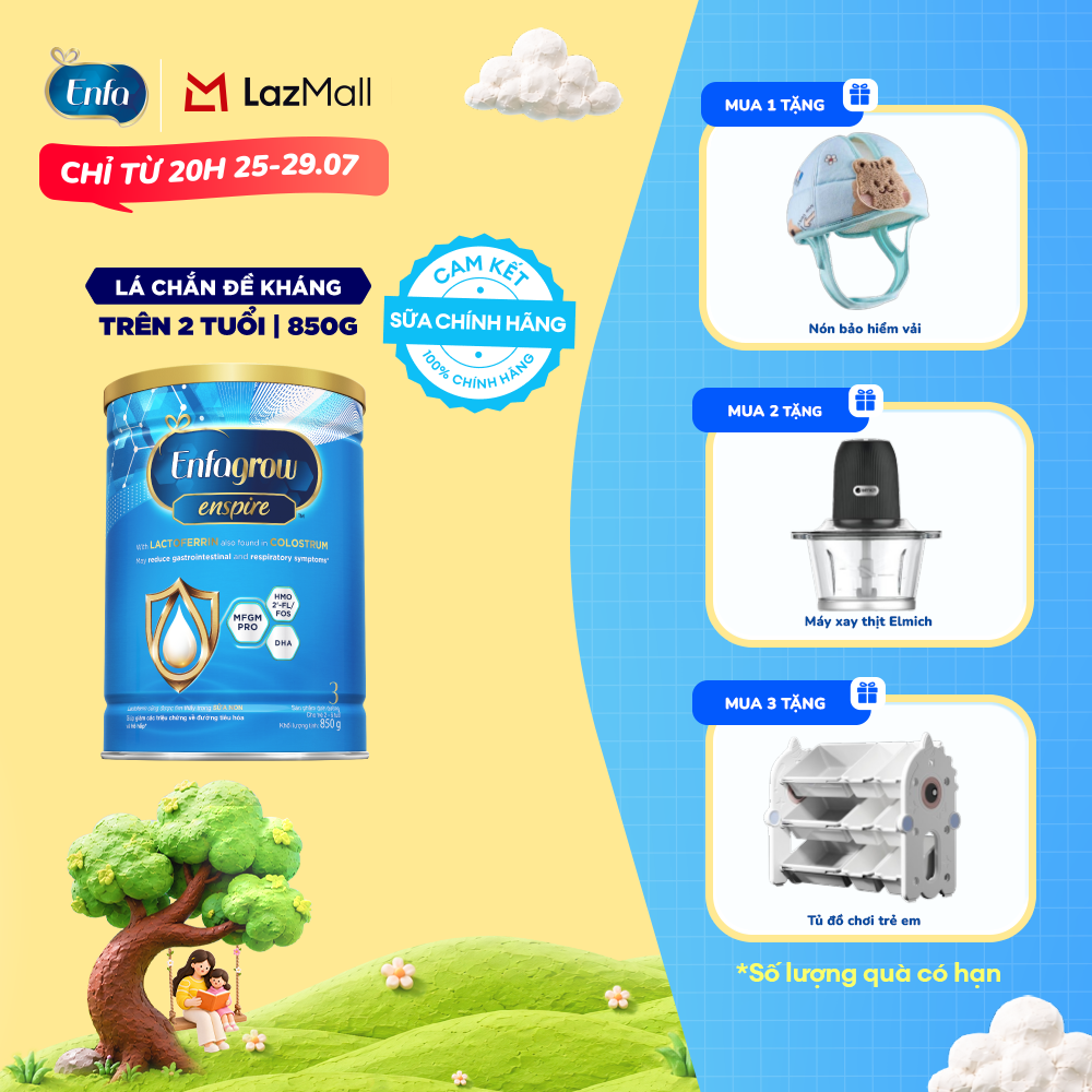 [CHỈ TỪ 25-29/07 MUA LÀ CÓ QUÀ] Sữa bột Enfagrow Enspire 3 850g hỗ trợ đề kháng với Lactoferrin dành cho trẻ từ 2-6 tuổi