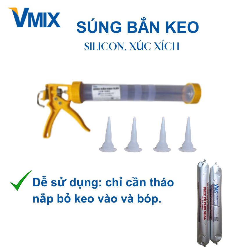 Súng bắn keo silicon hay keo xúc xích dễ thi thi công chỉ cần thảo nắp và bỏ keo vào bóp.Vmixeco