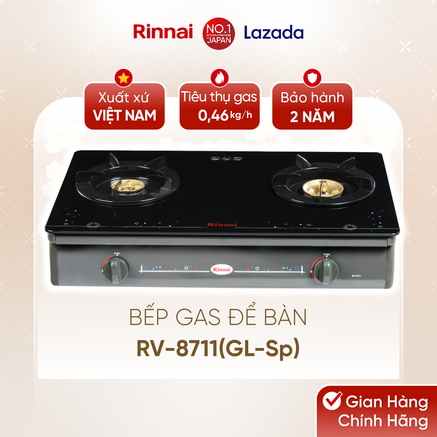 Bếp gas dương Rinnai RV-8711(GL-Sp) mặt bếp kính và kiềng bếp men - Hàng chính hãng.