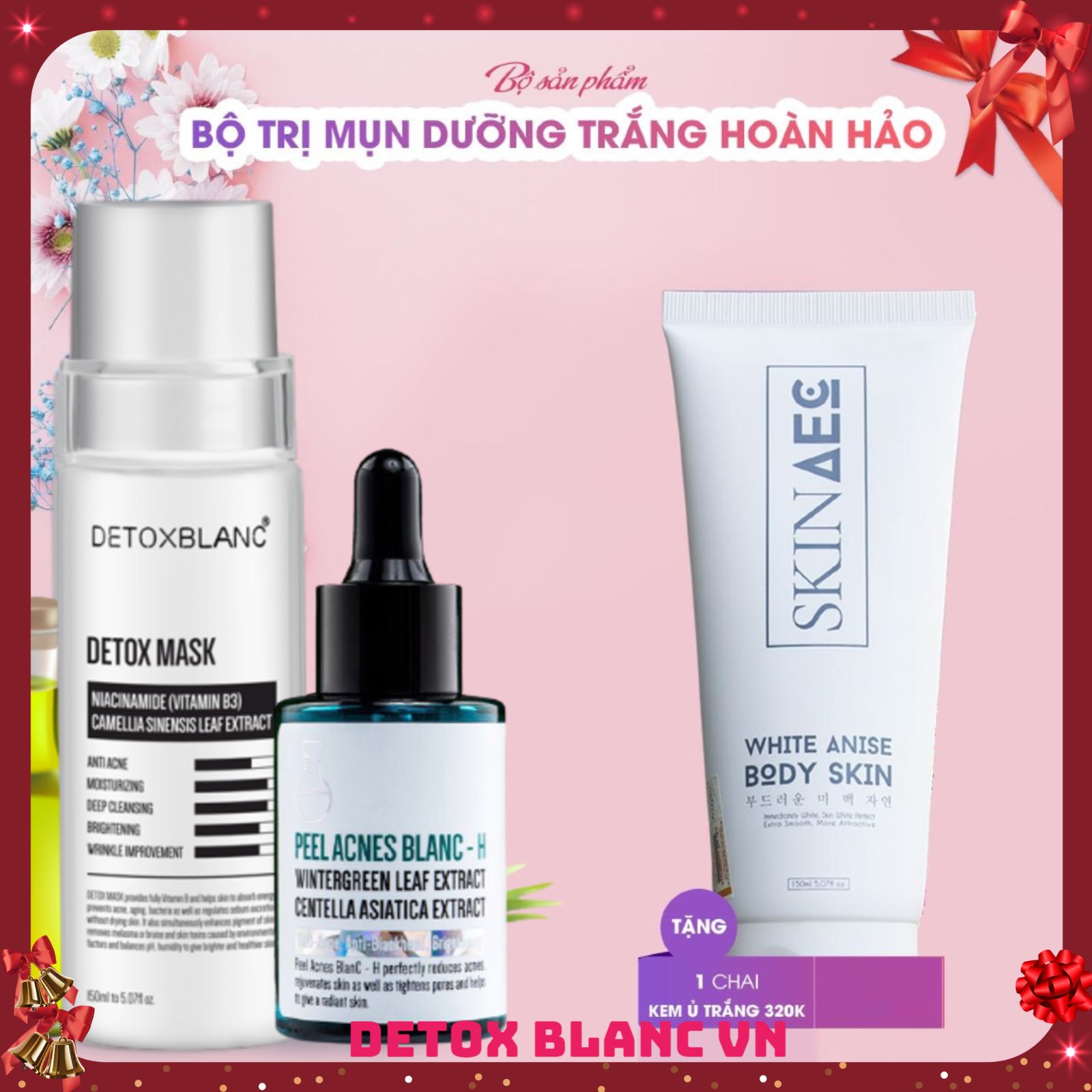 Combo Trị Mụn Dưỡng Trắng Da Tặng Kèm Ủ Kích Trắng Than Hoạt Tính Skin Aec 150Ml