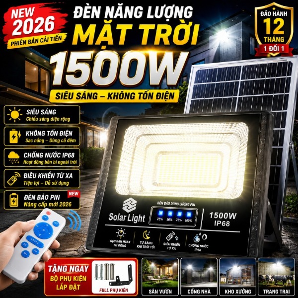 Đèn Năng Lượng Mặt Trời Đèn pha năng lượng mặt trời sân vườn Công Suất 1500W Pin trâu chiếu sáng 10-12h Dây dài 5m
