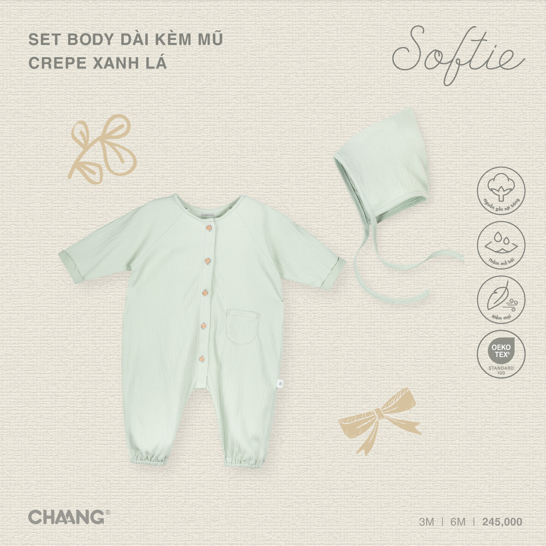 [CHAANG] Set body dài kèm mũ sơ sinh bé trai Crepe Chaang